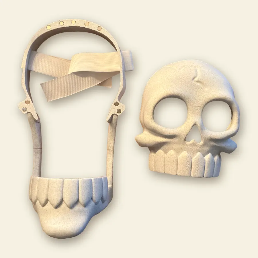 Skull mask separated into face and jaw pieces